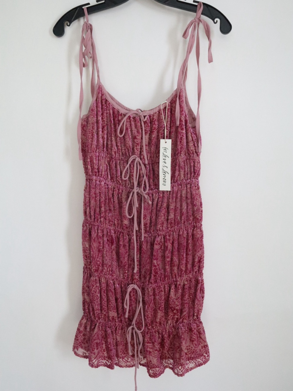 NWT For Love & Lemons Dusty Rose Smocked Tie-Front Mini Dress